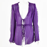 Lizakosht Printed Sexy Bandage Chiffon T Shirts Women Slim Casual Long Sleeve Tees Crop Tops Holiday Beachwear Cardigans